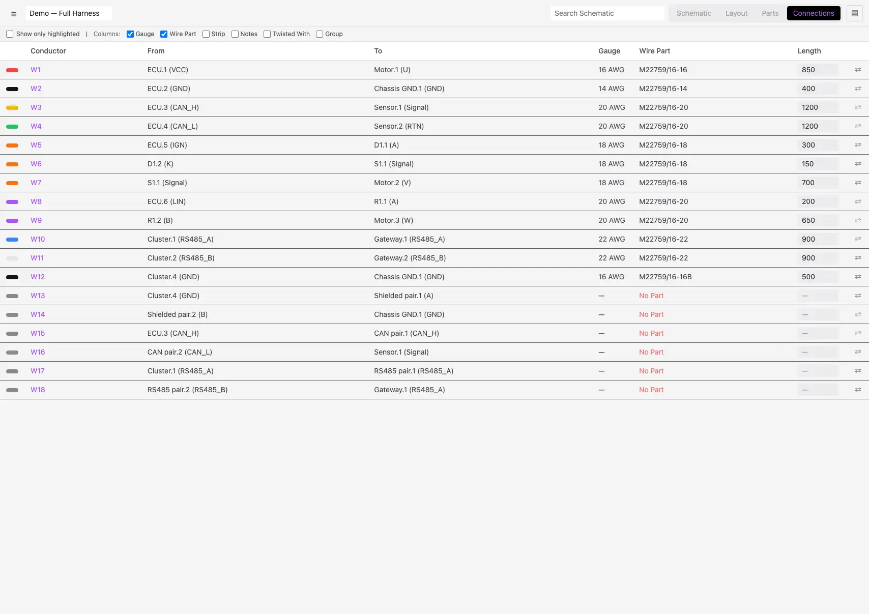 Vista Connections de harnessPRO: tabla de conexiones con calibres y longitudes