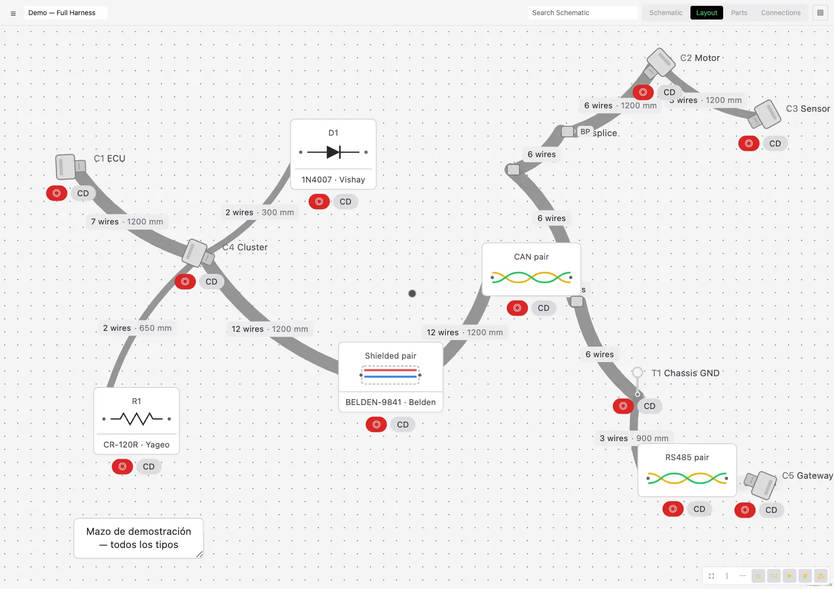Vista Layout de harnessPRO: mazo a escala 1:1 con branch points y longitudes