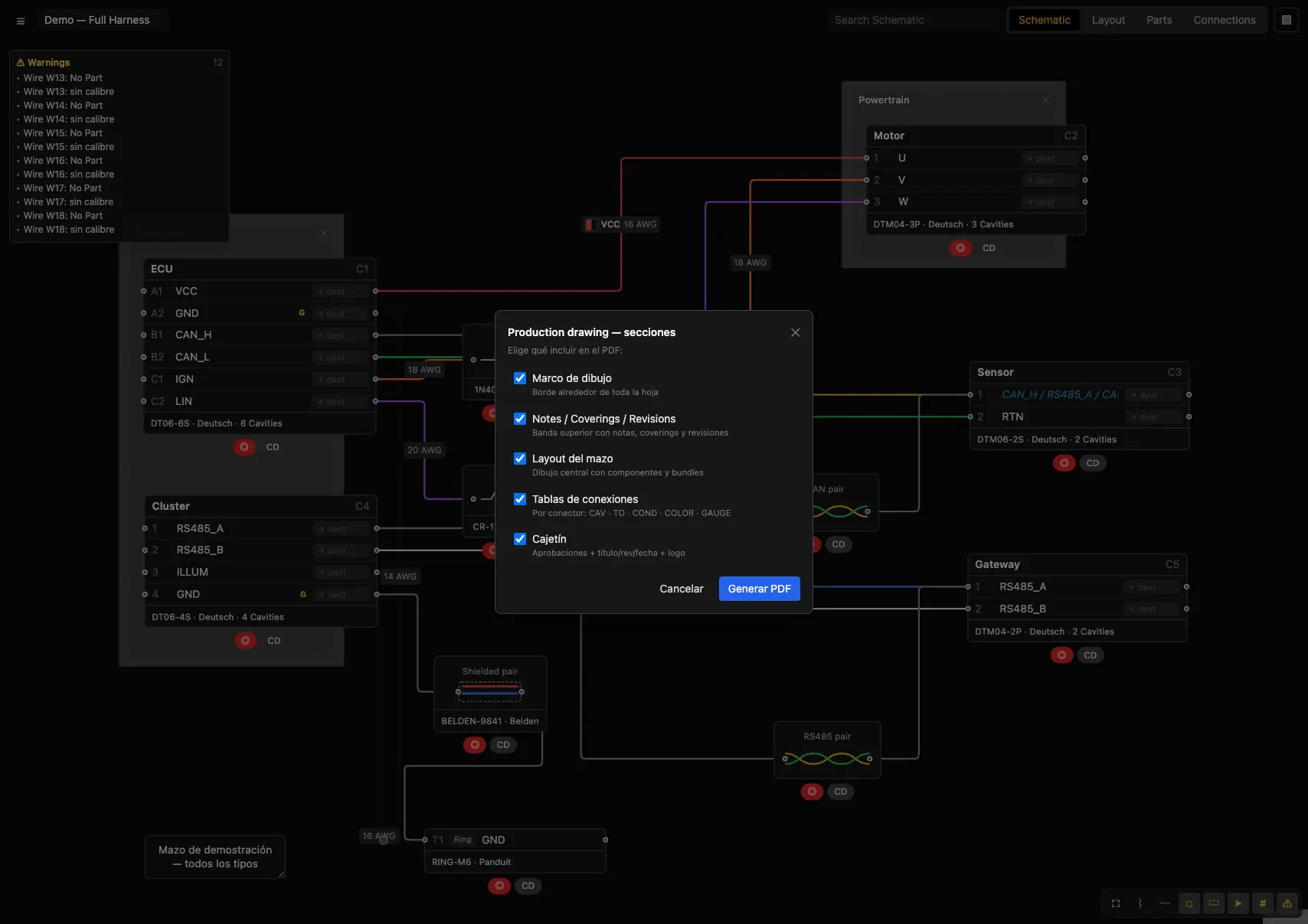 Modal de opciones del Production drawing