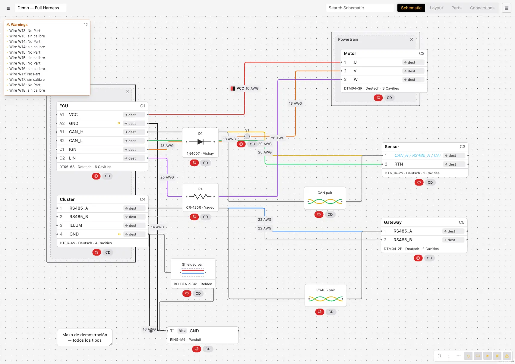 Vista Schematic de harnessPRO: conectores, cavidades y conexiones del mazo
